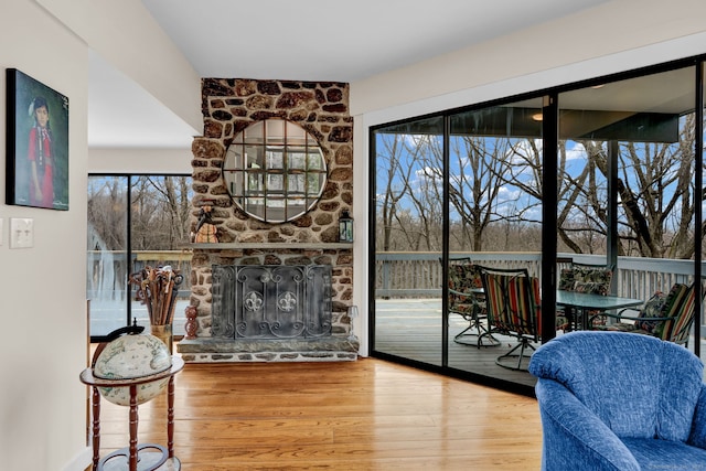interior space with wood finished floors, a healthy amount of sunlight, and a stone fireplace