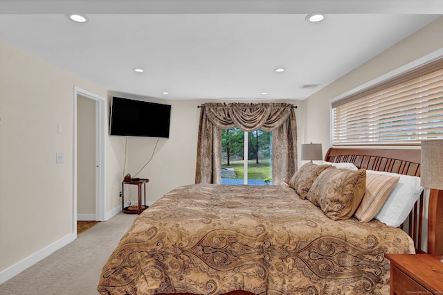 bedroom featuring light carpet, access to exterior, visible vents, and recessed lighting