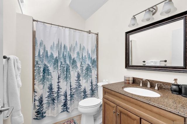 bathroom featuring vaulted ceiling, toilet, and vanity