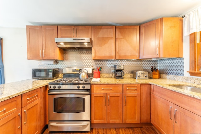 574 Fabyan Rd, Thompson, CT 06255 - kitchen with tasteful backsplash, a sink, black microwave, under cabinet range hood, and stainless steel gas stove