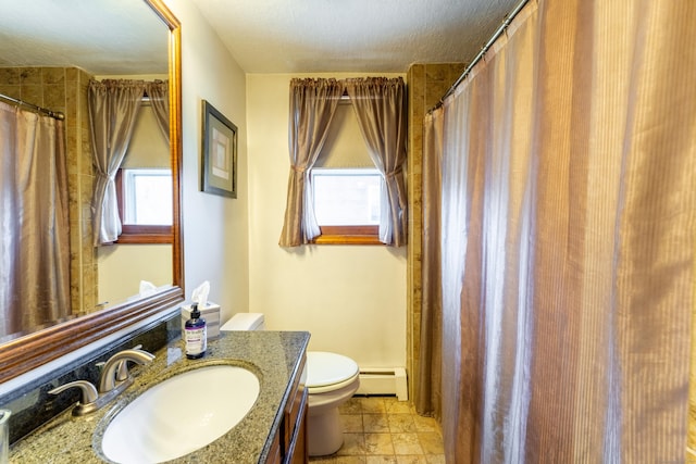 574 Fabyan Rd, Thompson, CT 06255 - full bath featuring a shower with shower curtain, a baseboard heating unit, toilet, and vanity