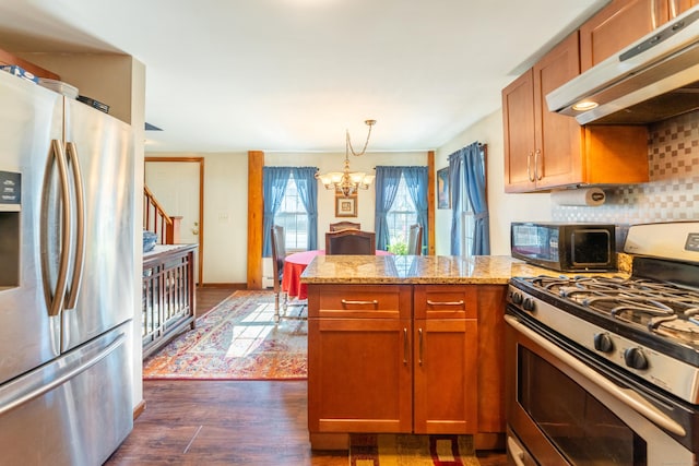 574 Fabyan Rd, Thompson, CT 06255 - kitchen with dark wood-style floors, stainless steel appliances, under cabinet range hood, a notable chandelier, and a peninsula