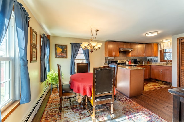 574 Fabyan Rd, Thompson, CT 06255 - dining space featuring an inviting chandelier, wood finished floors, a healthy amount of sunlight, and baseboard heating