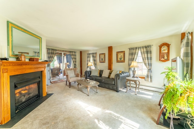 574 Fabyan Rd, Thompson, CT 06255 - living room featuring a baseboard heating unit, a fireplace with flush hearth, carpet, and a healthy amount of sunlight