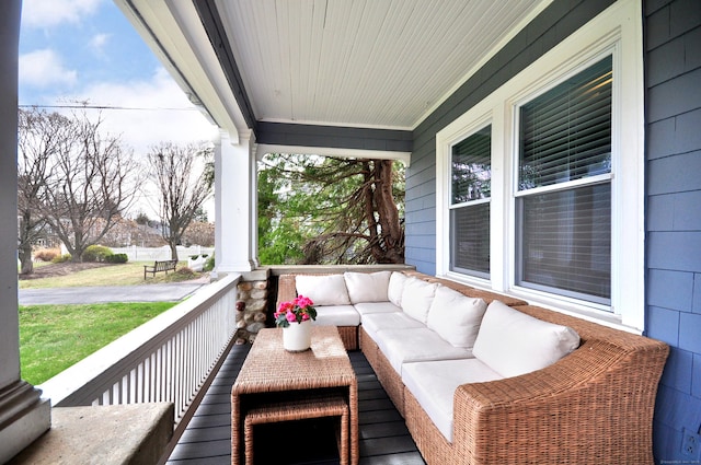 1186 Farmington Ave, West Hartford, CT 06107 - wooden terrace featuring a porch, outdoor lounge area, and a lawn