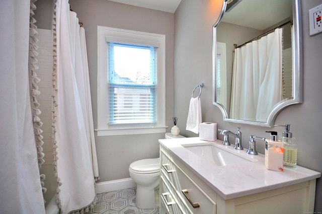 1186 Farmington Ave, West Hartford, CT 06107 - bathroom with toilet, baseboards, vanity, and a shower with shower curtain