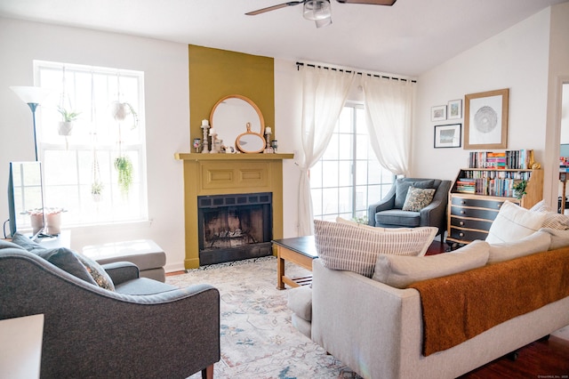 15 Forest Glen Cir Unit 19, Middletown, CT 06419 - living area with a ceiling fan, a fireplace with flush hearth, and wood finished floors