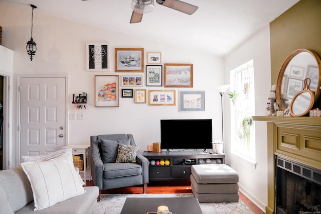 15 Forest Glen Cir Unit 19, Middletown, CT 06419 - living room with vaulted ceiling, wood finished floors, ceiling fan, plenty of natural light, and a fireplace