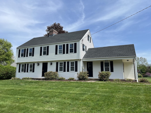 464 Highland St, Wethersfield, CT 06109 - colonial home with a chimney, a front lawn, covered porch, and a shingled roof