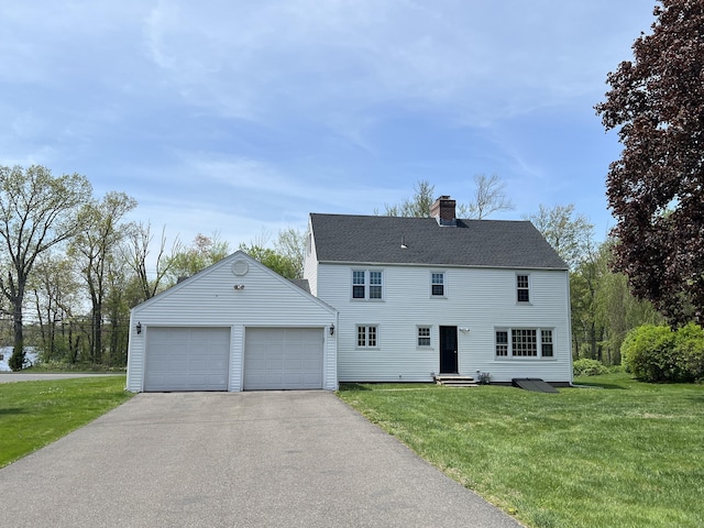 464 Highland St, Wethersfield, CT 06109 - colonial inspired home featuring a chimney, entry steps, a front yard, a garage, and an outdoor structure