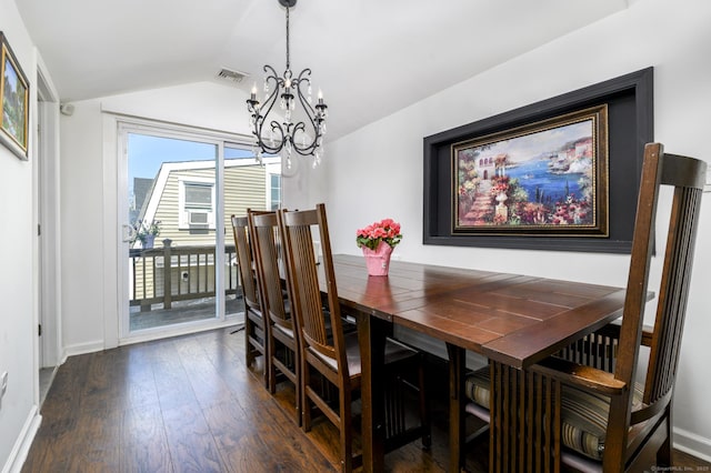 dining area featuring visible vents, dark wood-style floors, baseboards, an inviting chandelier, and vaulted ceiling