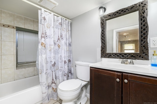 full bath with vanity, toilet, shower / bath combination with curtain, and visible vents