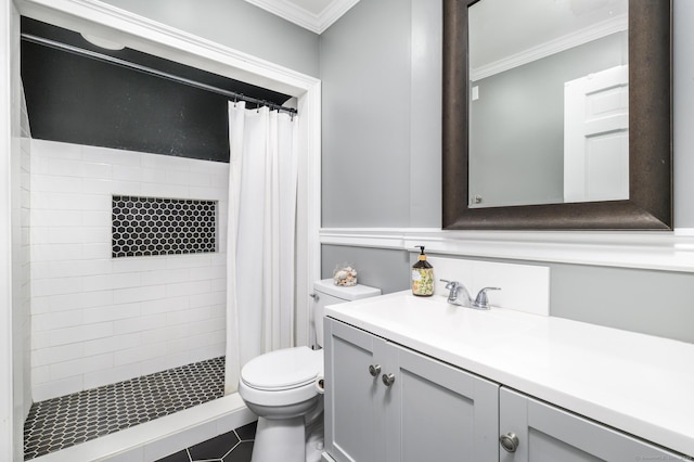 full bathroom featuring ornamental molding, toilet, a stall shower, and vanity