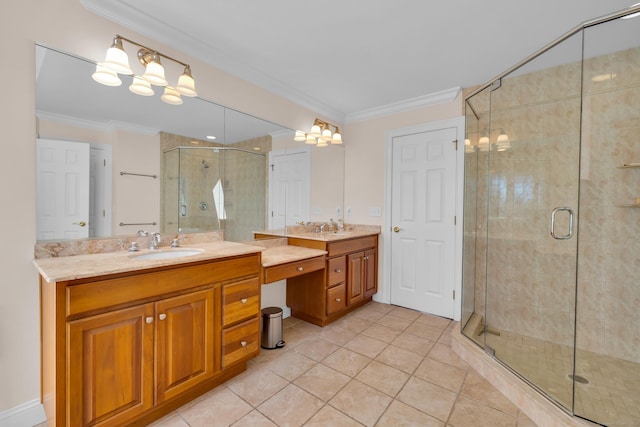 710 Alexander Dr, Guilford, CT 06437 - full bathroom with tile patterned flooring, vanity, crown molding, a stall shower, and a notable chandelier