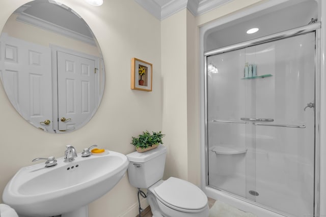 710 Alexander Dr, Guilford, CT 06437 - full bath with crown molding, toilet, a stall shower, and a sink
