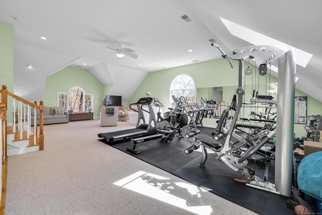 710 Alexander Dr, Guilford, CT 06437 - gym featuring visible vents, ceiling fan, and vaulted ceiling with skylight