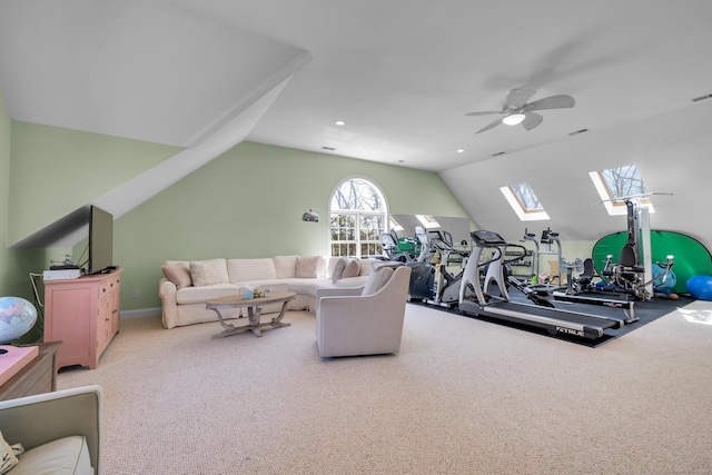 710 Alexander Dr, Guilford, CT 06437 - interior space featuring a ceiling fan, visible vents, and lofted ceiling with skylight