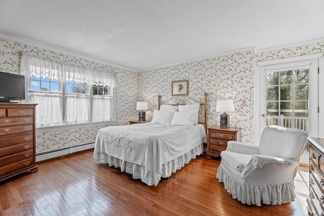 9 Academy Ln, Old Lyme, CT 06371 - bedroom with wallpapered walls, a baseboard radiator, hardwood / wood-style flooring, ornamental molding, and multiple windows