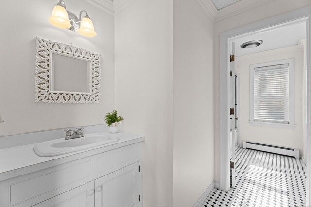 9 Academy Ln, Old Lyme, CT 06371 - bathroom with baseboard heating, vanity, ornamental molding, and tile patterned flooring