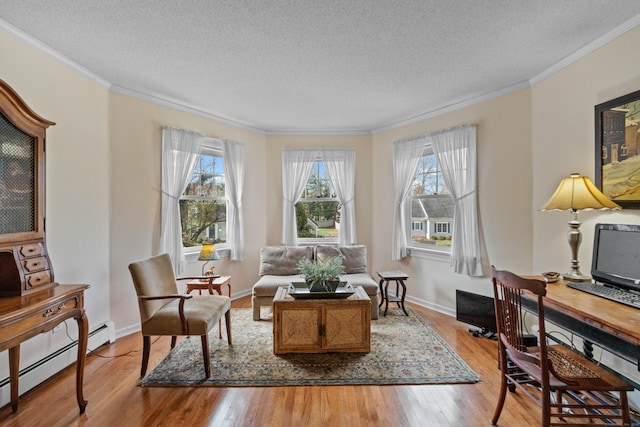 9 Academy Ln, Old Lyme, CT 06371 - living room with a baseboard radiator, a textured ceiling, ornamental molding, and wood finished floors