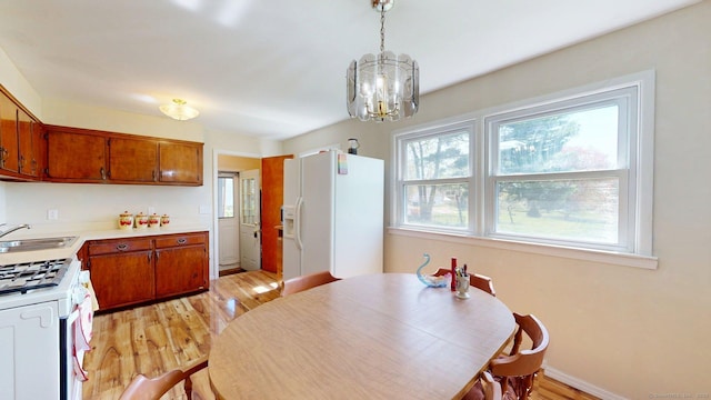 kitchen with white appliances, plenty of natural light, a sink, and light wood-style floors