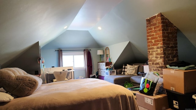 bedroom with recessed lighting and vaulted ceiling