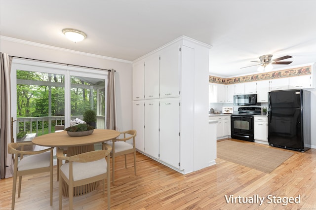 20 Linden Rd, Ridgefield, CT 06877 - kitchen with black appliances, light wood-type flooring, ornamental molding, white cabinetry, and a ceiling fan