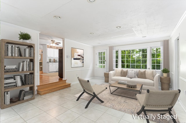 20 Linden Rd, Ridgefield, CT 06877 - living room featuring crown molding, light tile patterned floors, baseboards, and recessed lighting
