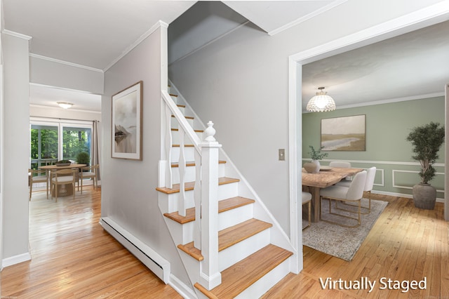 20 Linden Rd, Ridgefield, CT 06877 - staircase with a baseboard radiator, wood finished floors, and ornamental molding