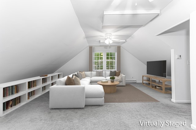 20 Linden Rd, Ridgefield, CT 06877 - living area featuring ceiling fan, baseboard heating, carpet flooring, lofted ceiling, and baseboards