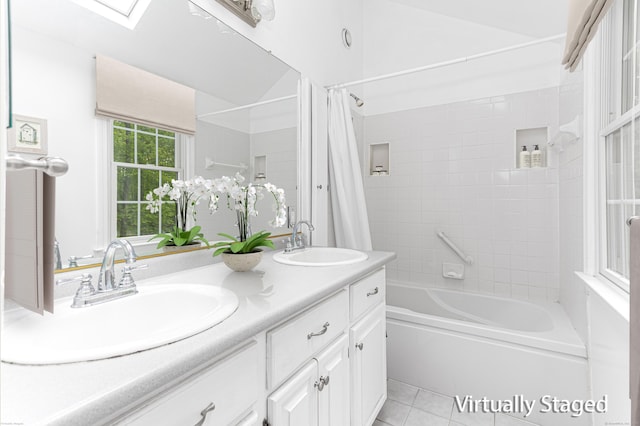 20 Linden Rd, Ridgefield, CT 06877 - full bathroom with tile patterned floors, shower / bath combination with curtain, and double vanity