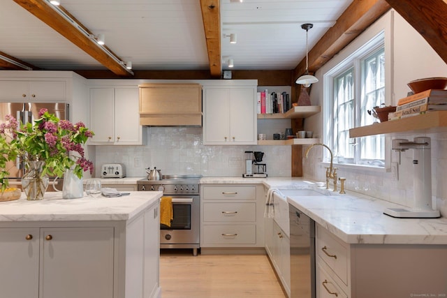 8 Twixt Rd, Cornwall, CT 06753 - kitchen featuring stainless steel appliances, custom range hood, open shelves, white cabinets, and light wood-style floors