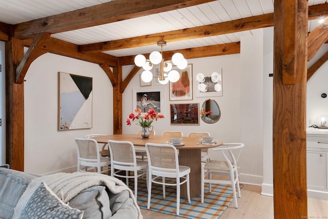8 Twixt Rd, Cornwall, CT 06753 - dining space featuring a chandelier, light wood finished floors, baseboards, and wooden ceiling with exposed beams