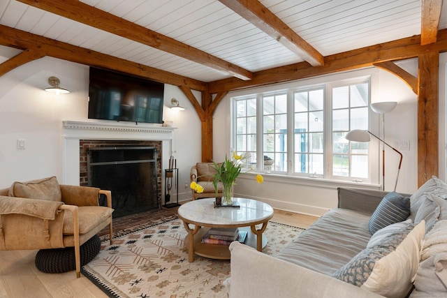 8 Twixt Rd, Cornwall, CT 06753 - living room featuring a brick fireplace, wood finished floors, and wooden ceiling with exposed beams