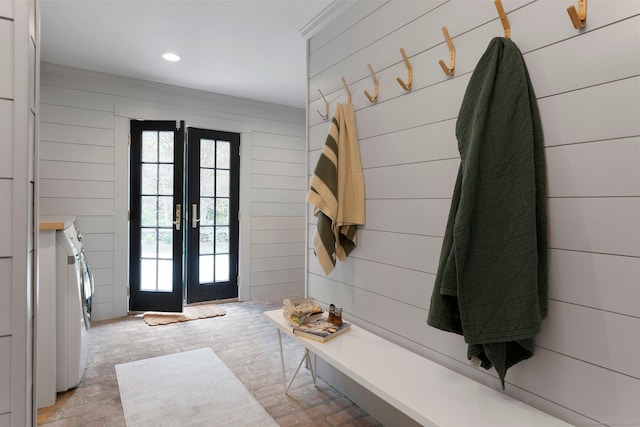 8 Twixt Rd, Cornwall, CT 06753 - mudroom featuring brick floors, wood walls, french doors, washer / dryer, and recessed lighting
