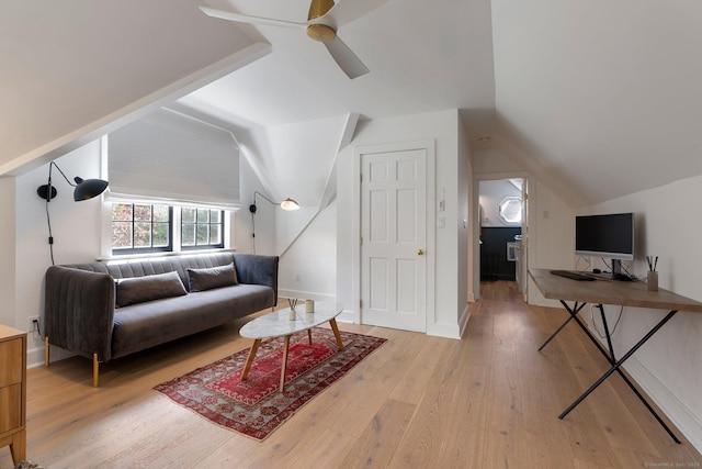 8 Twixt Rd, Cornwall, CT 06753 - living room with lofted ceiling, a ceiling fan, light wood-type flooring, and baseboards