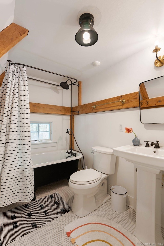 8 Twixt Rd, Cornwall, CT 06753 - bathroom with toilet, shower / tub combo with curtain, tile patterned flooring, and a sink