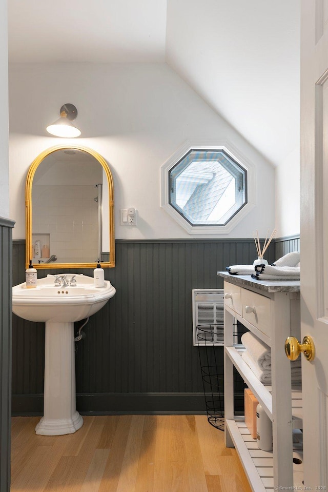 8 Twixt Rd, Cornwall, CT 06753 - bathroom with wood finished floors, a wainscoted wall, lofted ceiling, and a sink