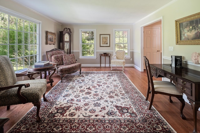 7 Tunxis Trl, Redding, CT 06896 - sitting room featuring a healthy amount of sunlight, baseboards, ornamental molding, and wood finished floors