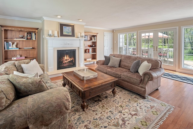 7 Tunxis Trl, Redding, CT 06896 - living room featuring a glass covered fireplace, ornamental molding, wood finished floors, and a wealth of natural light