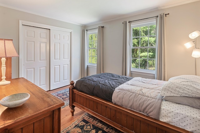 7 Tunxis Trl, Redding, CT 06896 - bedroom with crown molding, multiple windows, a closet, and light wood-style flooring