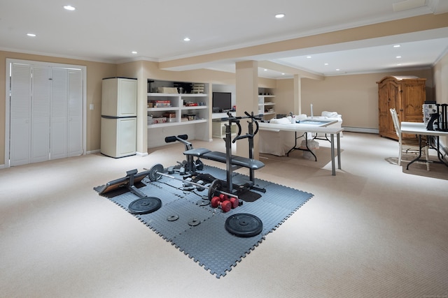 7 Tunxis Trl, Redding, CT 06896 - workout room featuring recessed lighting, ornamental molding, a baseboard heating unit, and light carpet