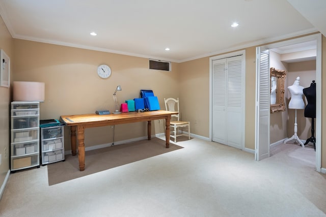 7 Tunxis Trl, Redding, CT 06896 - home office featuring crown molding, baseboards, light carpet, and recessed lighting