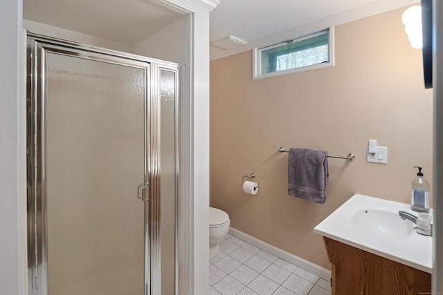 7 Tunxis Trl, Redding, CT 06896 - bathroom featuring a shower stall, vanity, tile patterned floors, baseboards, and toilet