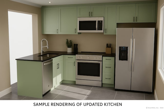 10 Silver St, Middletown, CT 06457 - kitchen featuring appliances with stainless steel finishes, a sink, dark countertops, green cabinets, and light tile patterned floors
