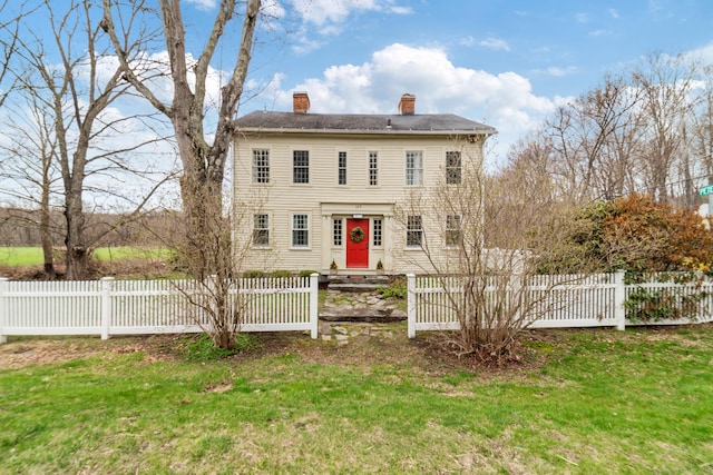 329 Weekeepeemee Rd, Woodbury, CT 06798 - view of front of property featuring a fenced front yard, entry steps, a front lawn, and a chimney