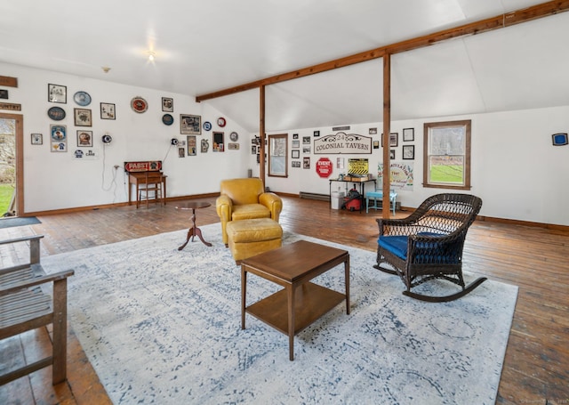 329 Weekeepeemee Rd, Woodbury, CT 06798 - living room featuring wood-type flooring, vaulted ceiling with beams, and baseboards