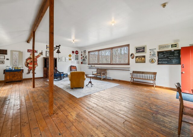 329 Weekeepeemee Rd, Woodbury, CT 06798 - living room featuring baseboards, vaulted ceiling with beams, and hardwood / wood-style flooring