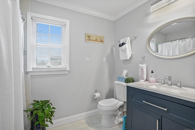 bathroom featuring crown molding, vanity, marble finish floor, baseboards, and toilet