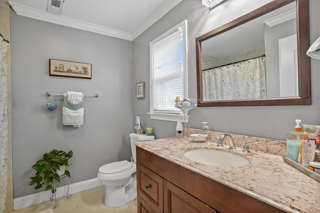 bathroom with marble finish floor, visible vents, toilet, vanity, and ornamental molding